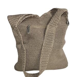 The Sak 120 Crocheted Hobo Bag Tan Large Slouch Purse Logo Bag Charm NWOT